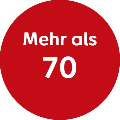 Auf einem roten Kreis steht mit weißer Schrift "mehr als 70".