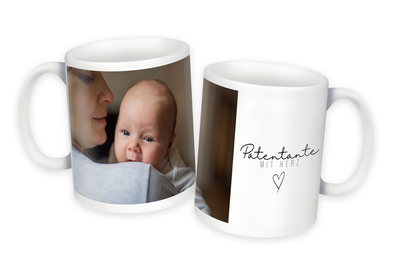 Personalisierte Fototasse mit Babyfoto und Text Patentante mit Herz