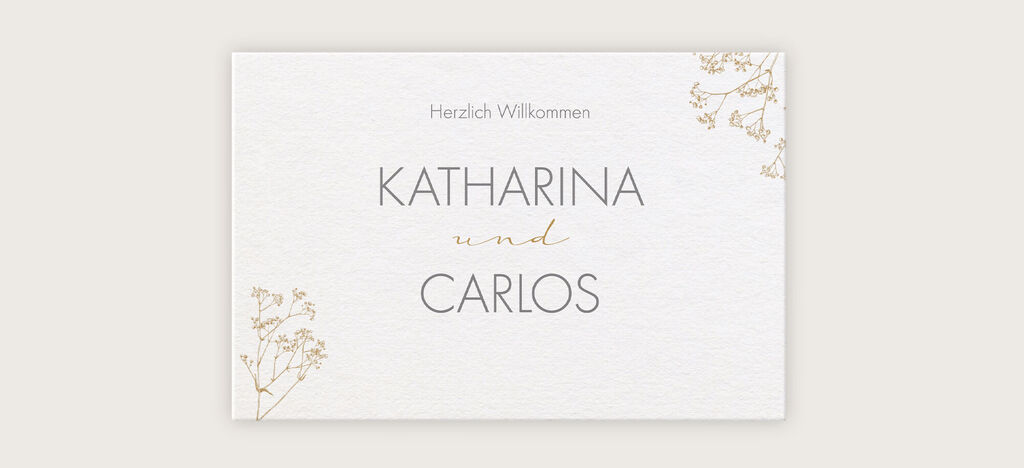 Willkommenskort für Hochzeit mit den Namen Katharina und Carlos