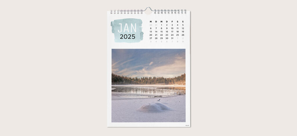 Monatsansicht eines CEWE Fotokalenders für Januar 2025 mit Landschaft und Schnee.