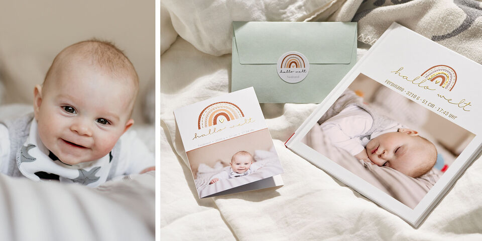 Babyfoto, CEWE Grußkarte und CEWE FOTOBUCH mit Regenbogenmotiv und Geburtsdaten von Ferdinand