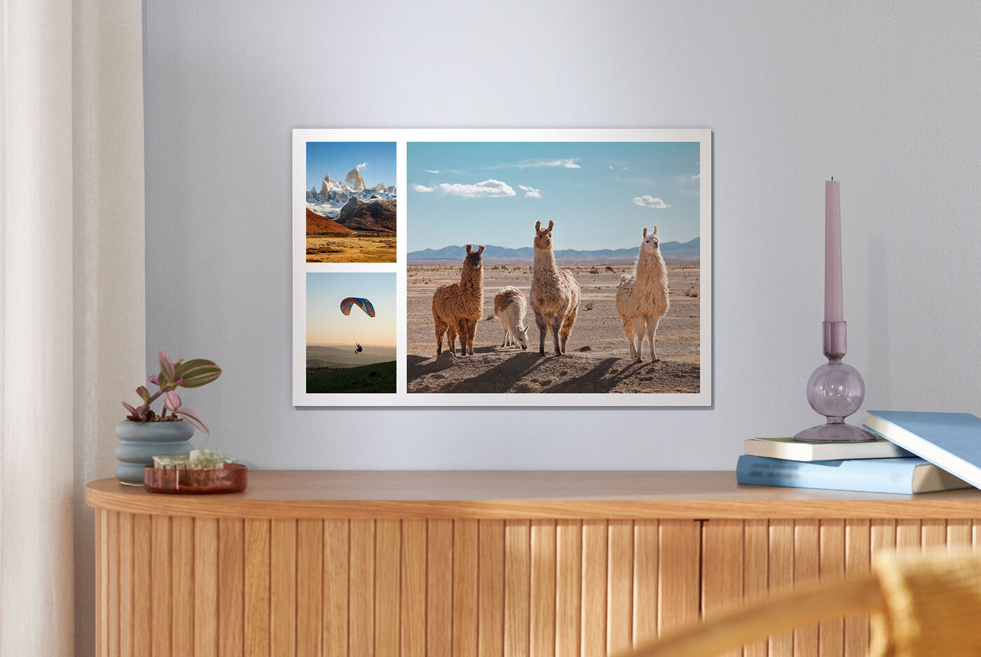 Ein stilvolles Wandbild mit vier Bildern von Alpakas und Berglandschaft.