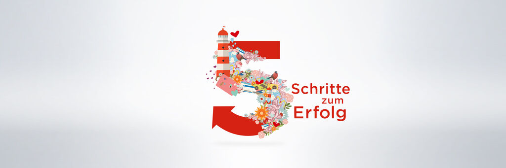 Die Zahl fünf in Rot umgeben von bunten Illustrationen und dem Text 'Schritte zum Erfolg'