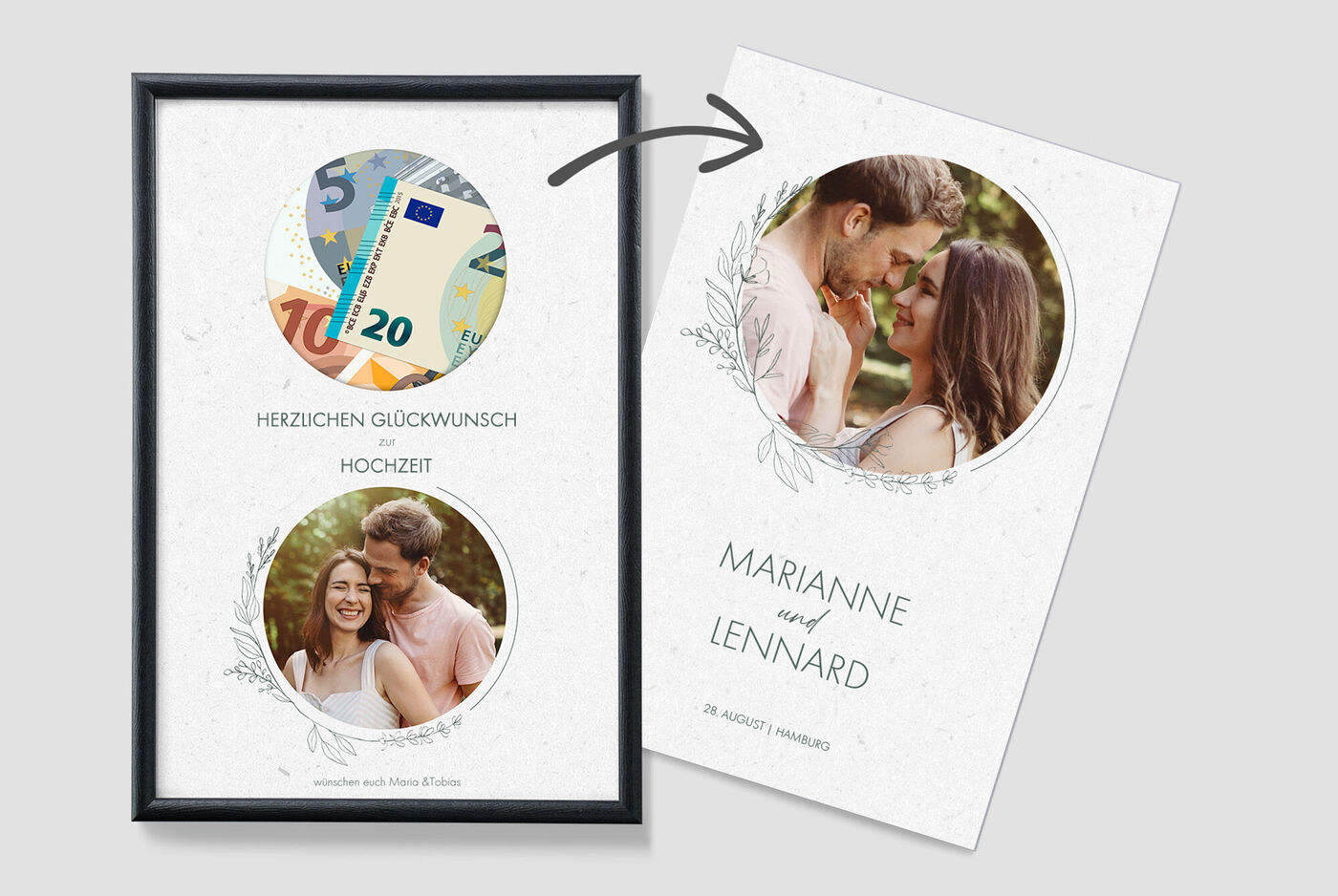 Eine liebevoll gestaltete Grußkarte zur Hochzeit, die sich kreativ auf den großen Tag bezieht