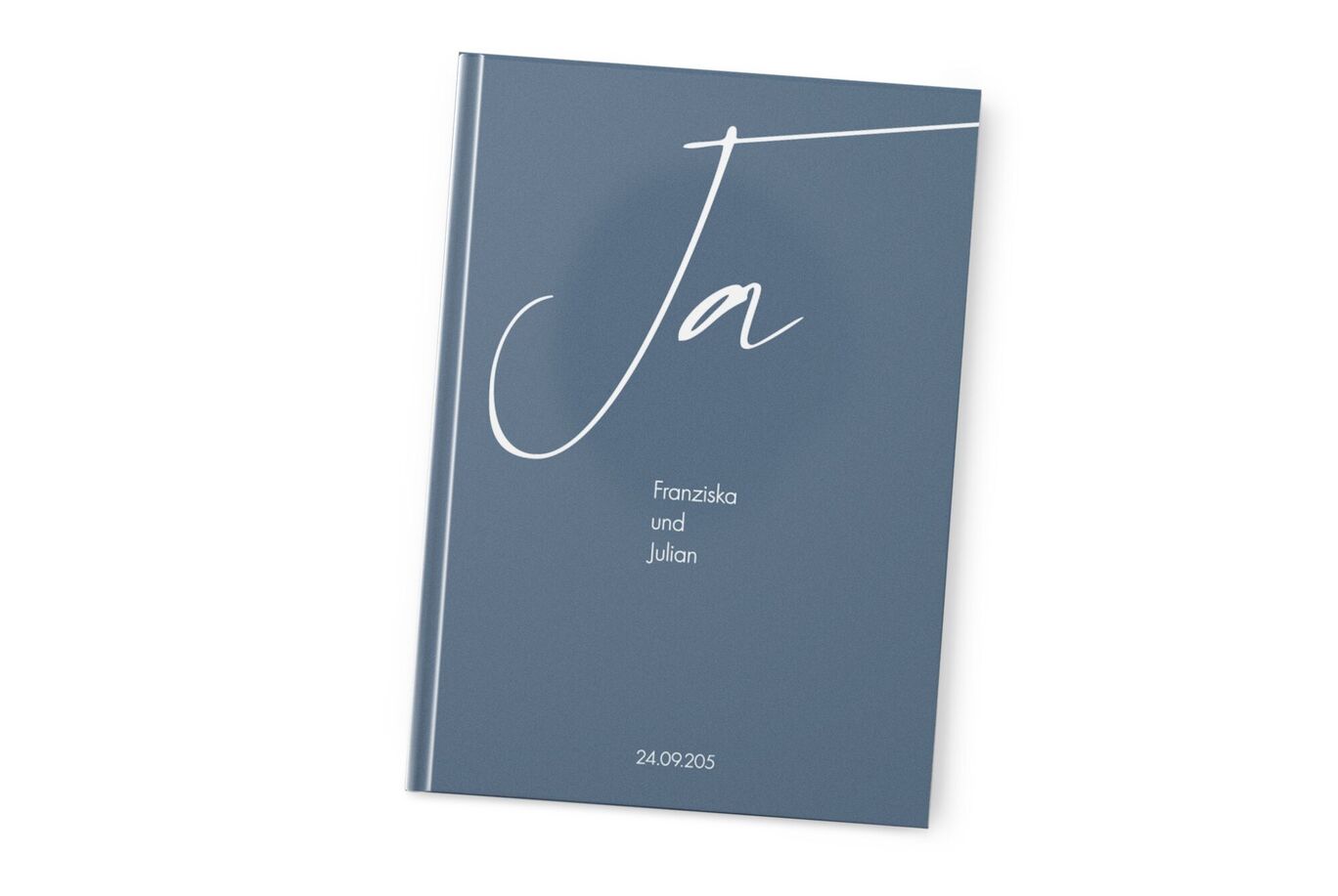CEWE Fotobuch in Blau mit großem Ja, Namen Franziska und Julian und Datum
