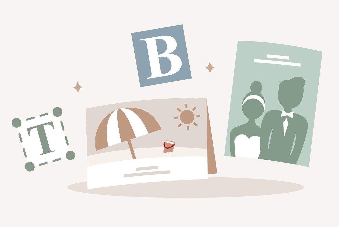 Eine kreative Grafik mit verschiedenen Designelementen für personalisierte Fotoprodukte. Im Vordergrund ein Sonnenschirm, Fotos und Text in unterschiedlichen Formaten.