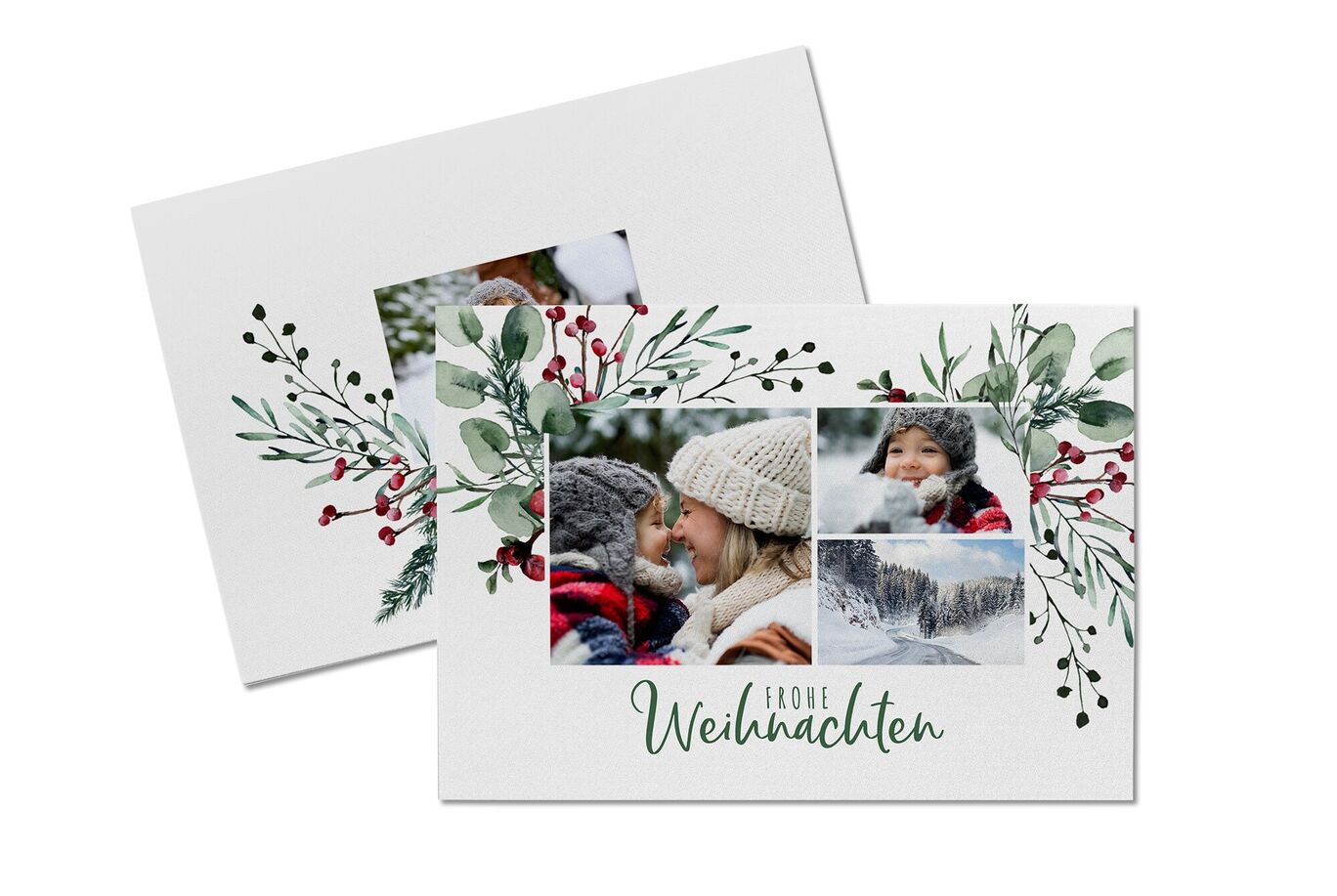Wundervolle Weihnachtsgrußkarte mit winterlichem Design und Fotos