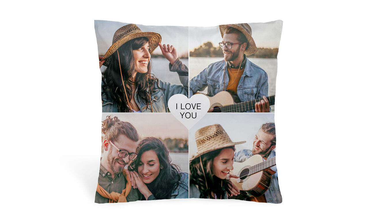 Kissen mit vier Fotos von glücklichen Paaren, Text 'I LOVE YOU'