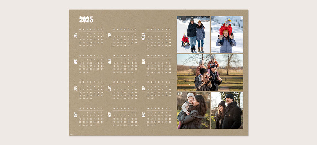 Ein kreativer Fotokalender für 2025 mit Bildern von glücklichen Menschen im Freien und bei winterlichen Aktivitäten