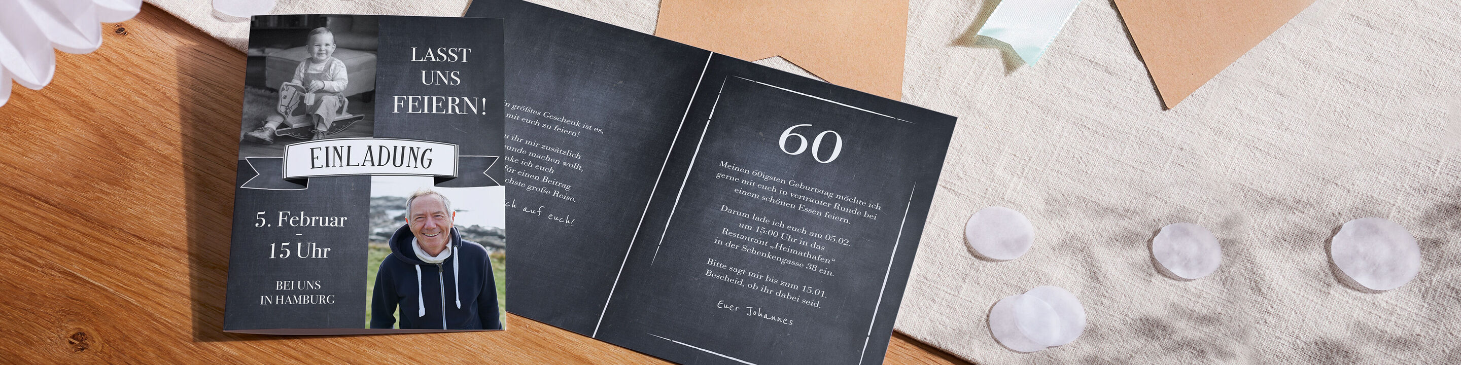 Einladungskarte zum 60. Geburtstag mit Foto des Jubilars und festlichem Design