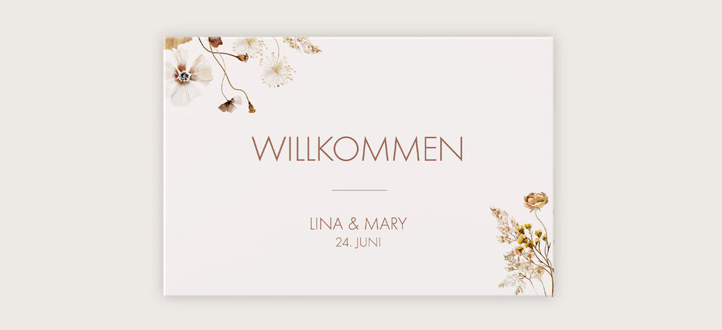 Einladende Grußkarte zur Hochzeit für Lina und Mary mit floralen Ornamenten