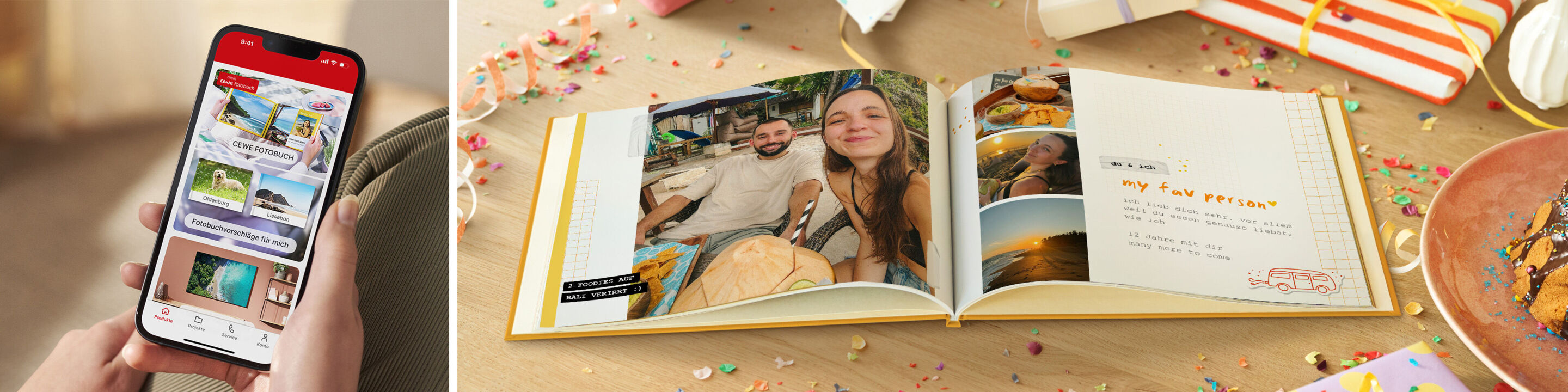 Ein Mensch hält ein Smartphone, das Fotos zeigt, während ein anderer eine Fotoausgabe betrachtet
