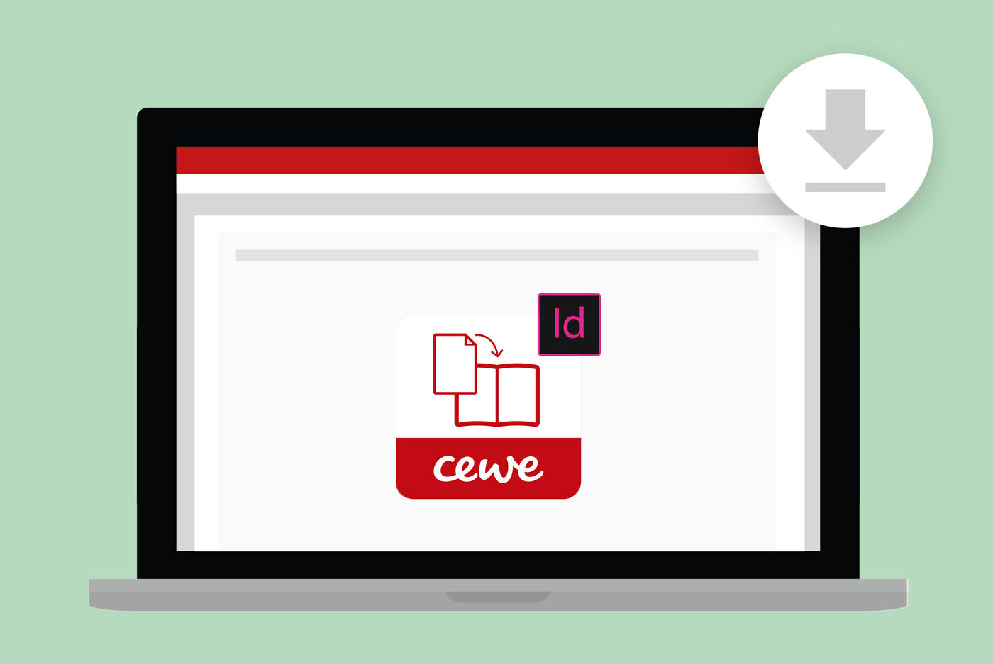 Laptop-Monitor zeigt die CEWE Designvorlage an, ein Download-Symbol ist zu sehen