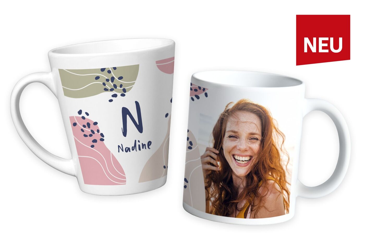 Zwei personalisierte Tassen, eine mit dem Namen 'Nadine' in einem bunten Design und eine mit einem individuellen Foto