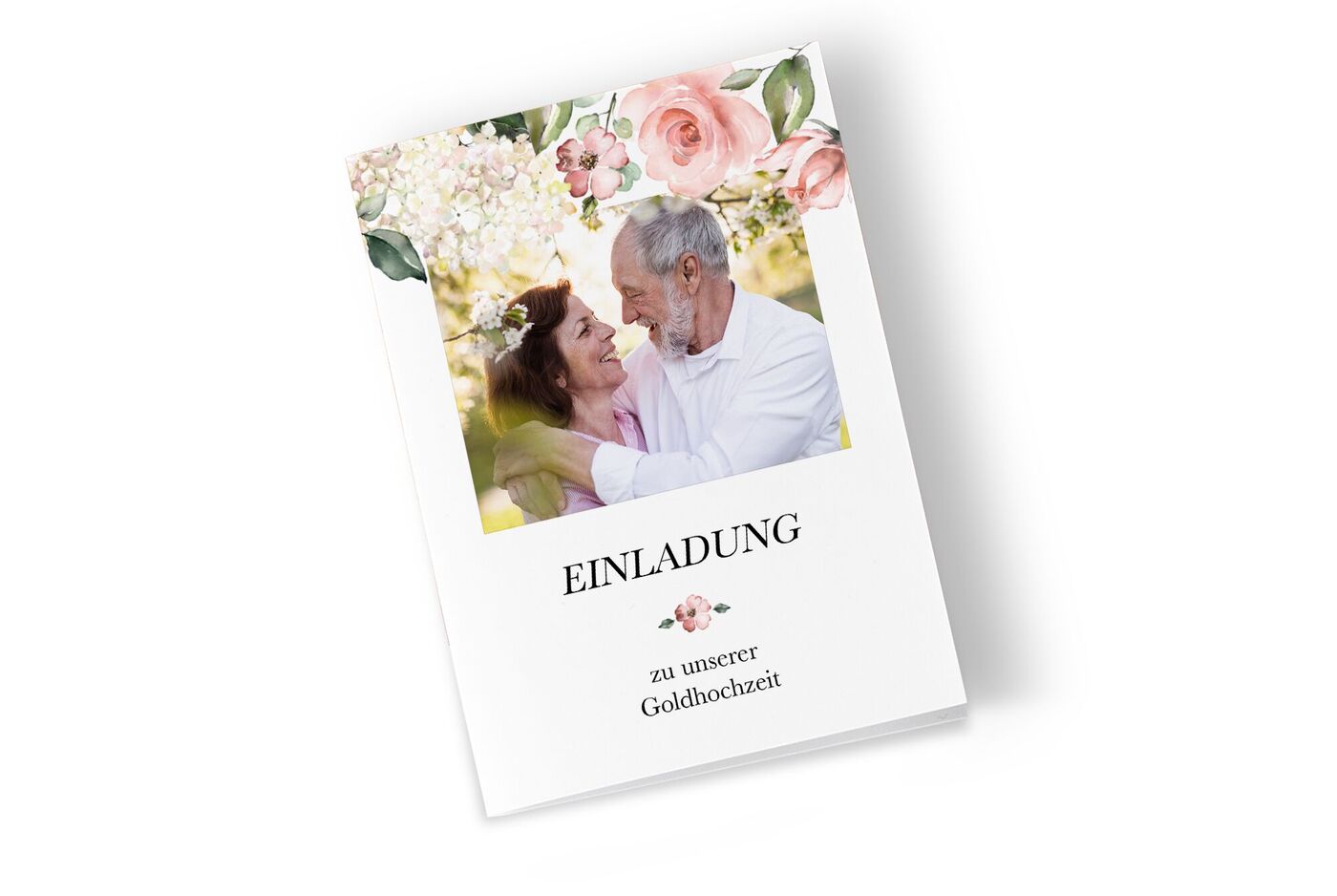 Eine Einladungskarte mit buntem, floralem Design und einer großen Fotofläche.
