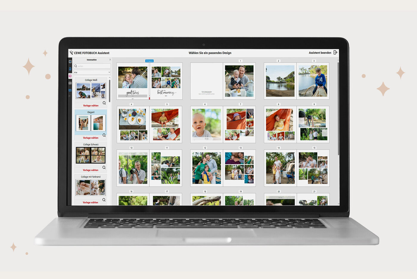Laptop zeigt den CEWE FOTOBUCH Assistenten mit verschiedenen Fotobuch-Designs und Foto-Collagen zur Auswahl