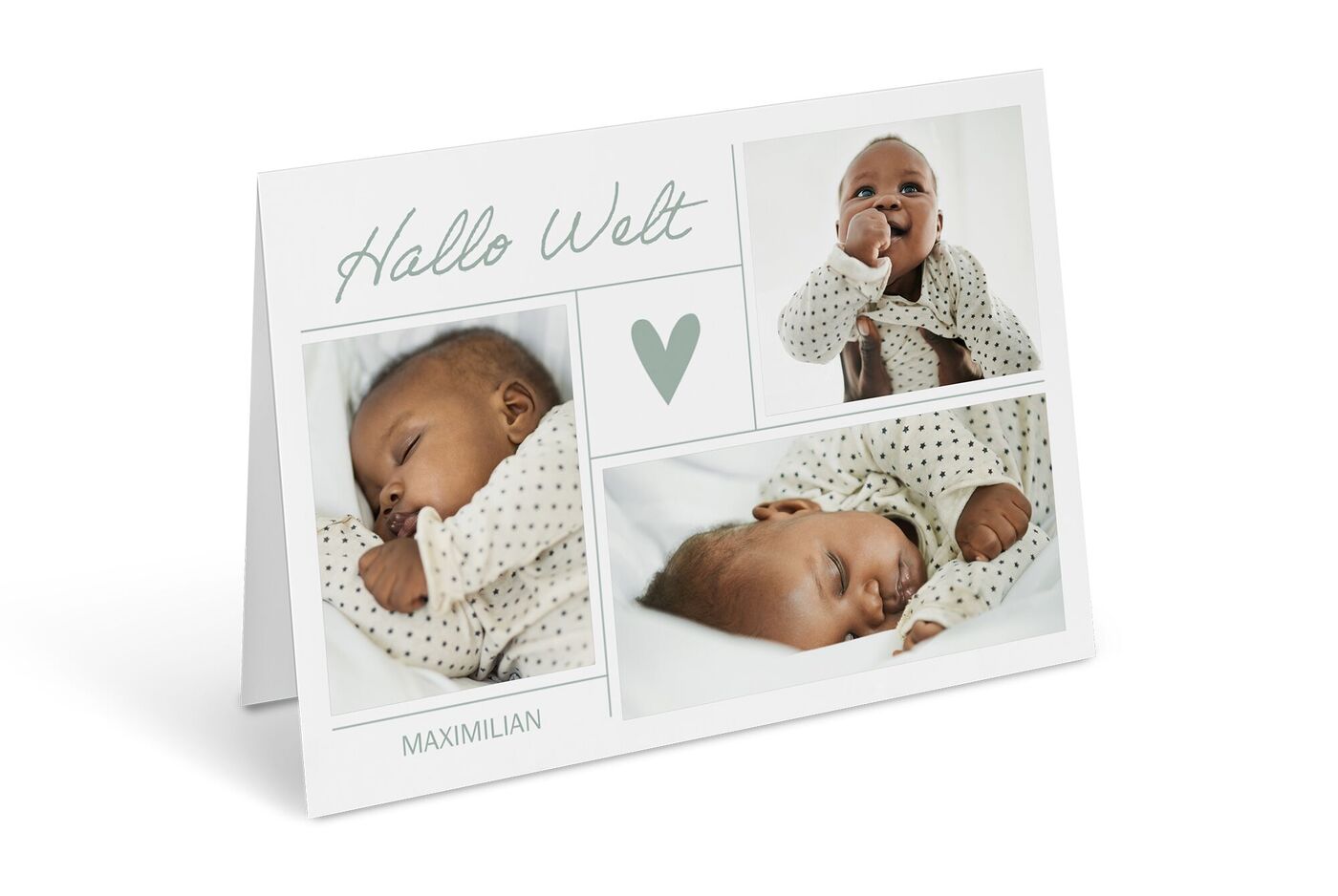 Eine liebevolle Karte mit Babyfotos in sanften Farben.