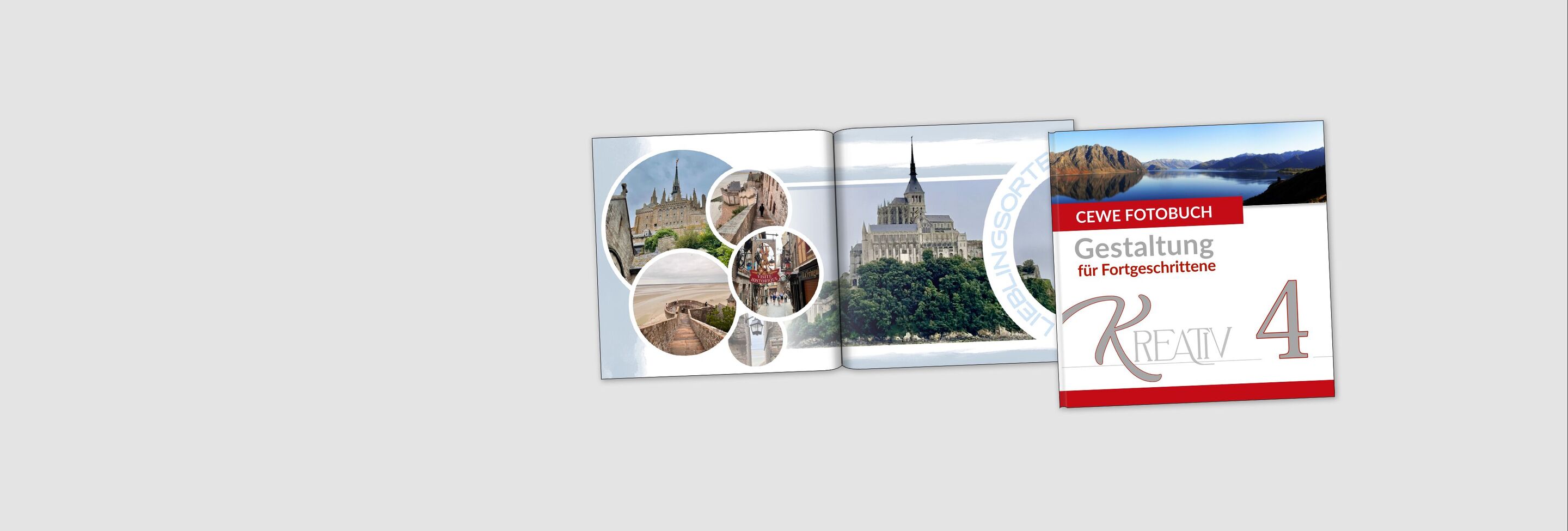 Ein CEWE FOTOBUCH Cover mit dem Titel „Gestaltung für Fortgeschrittene – Kreativ 4“ und eine gestaltete Doppelseite mit Mont Saint-Michel