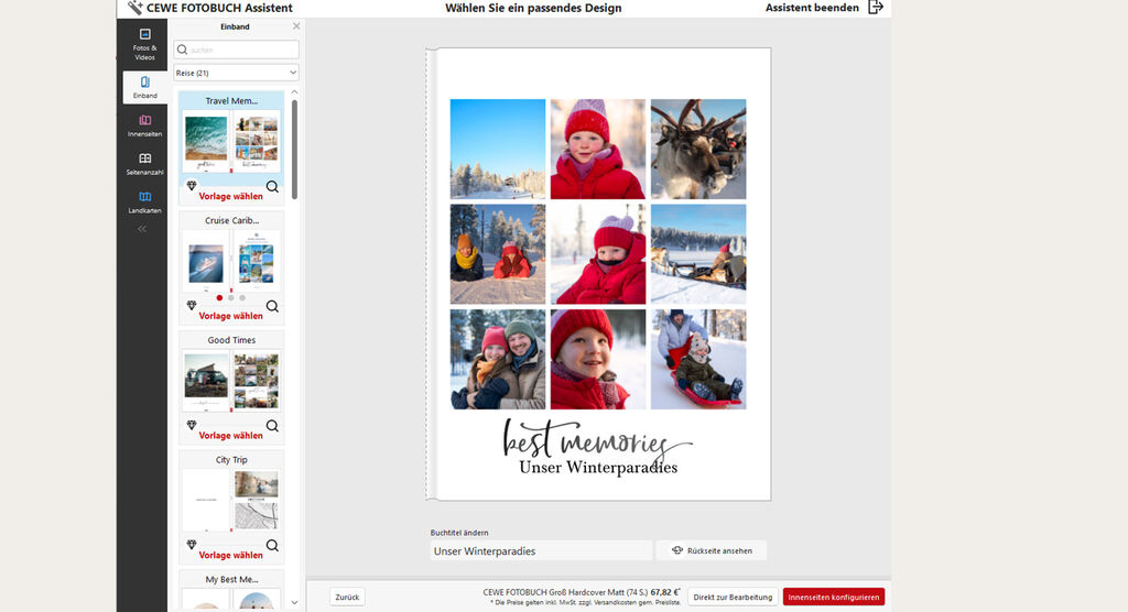 CEWE FOTOBUCH Erstellung mit winterlichen Familienfotos im Schnee und Rentier