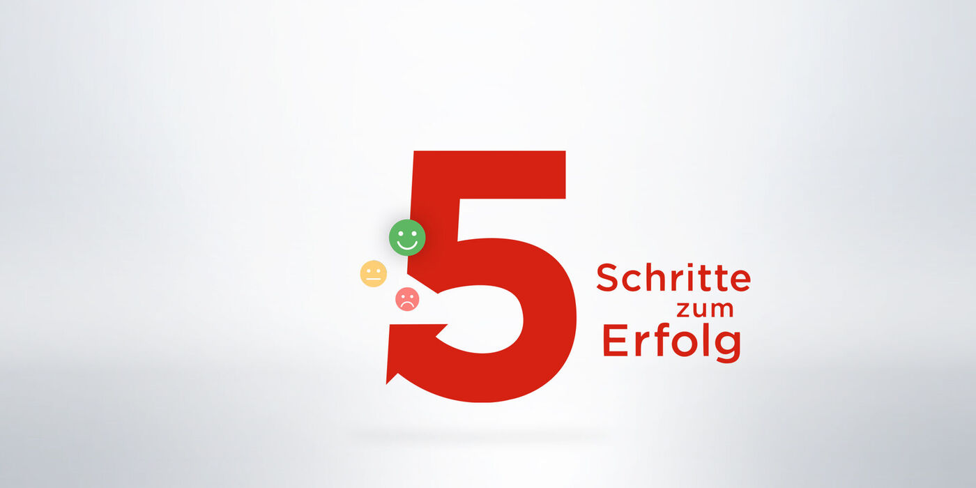 Zahl 5 in Rot mit bunten Emojis und dem Text Schritte zum Erfolg
