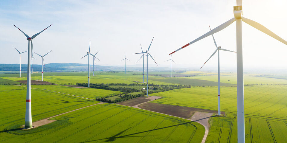 Luftaufnahme eines schönen, grünen Feldes mit vielen Windrädern unter einem klaren Himmel