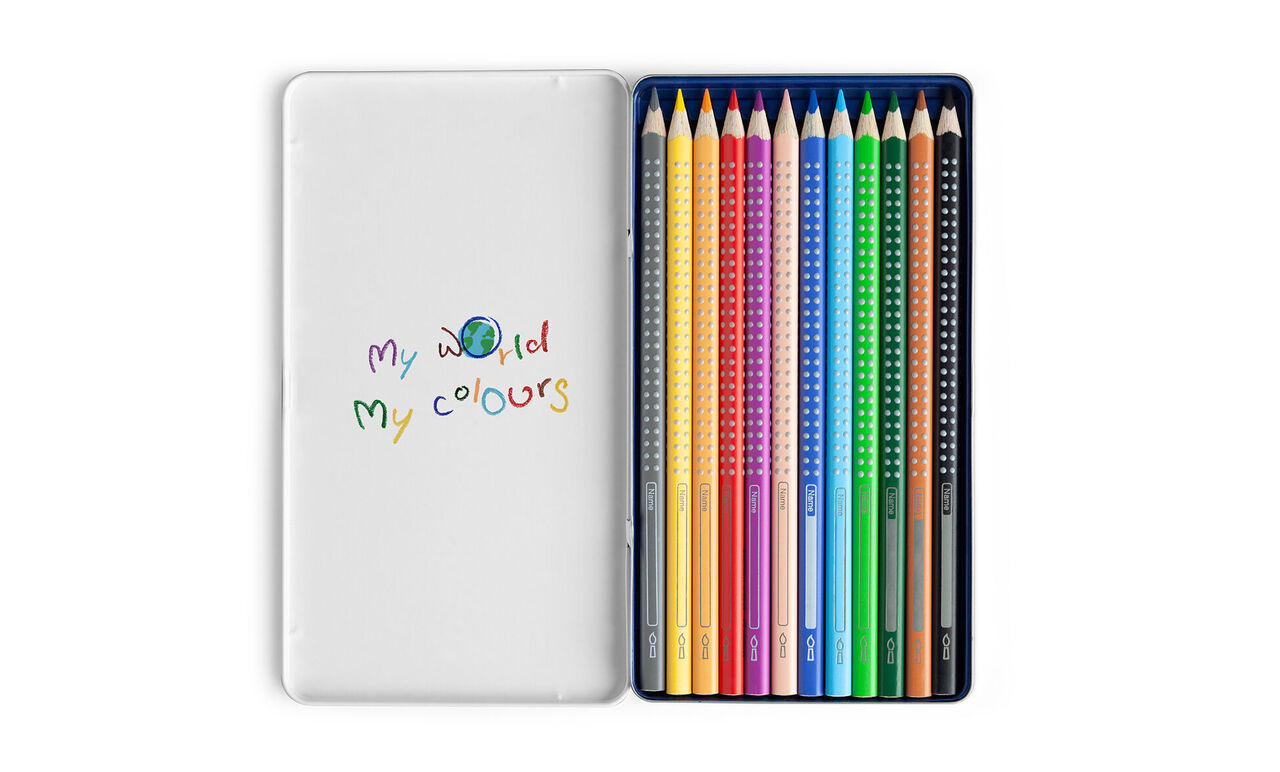 Bunte Bleistifte in einer transparenten Box mit dem Schriftzug 'My World My Colours'