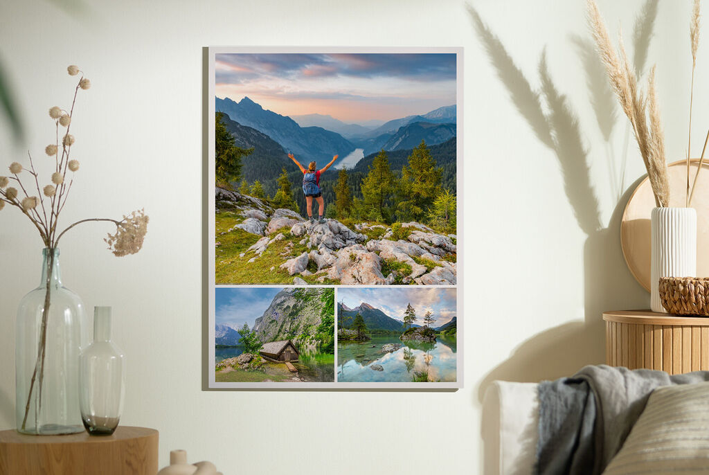 Eine Person steht erfreut auf einem Felsen und genießt die Aussicht auf die Berge. Unten sind drei Fotos: Eine Berglandschaft, ein ruhiger See und eine Almhütte.