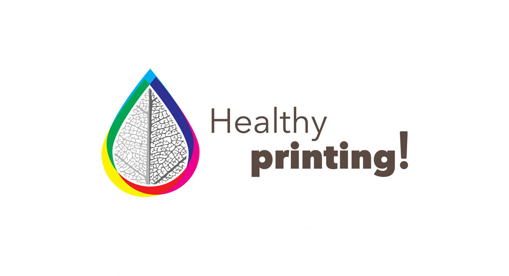 Logo mit buntem Wassertropfen und dem Text 'Healthy printing!' in Braun
