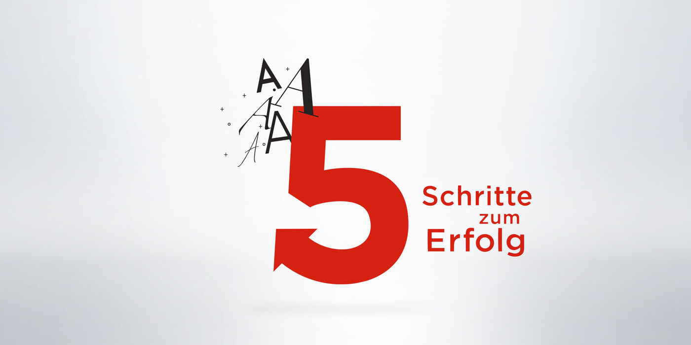 Grafik mit der Zahl fünf und dem Text "Schritte zum Erfolg" in lebendigen Farben