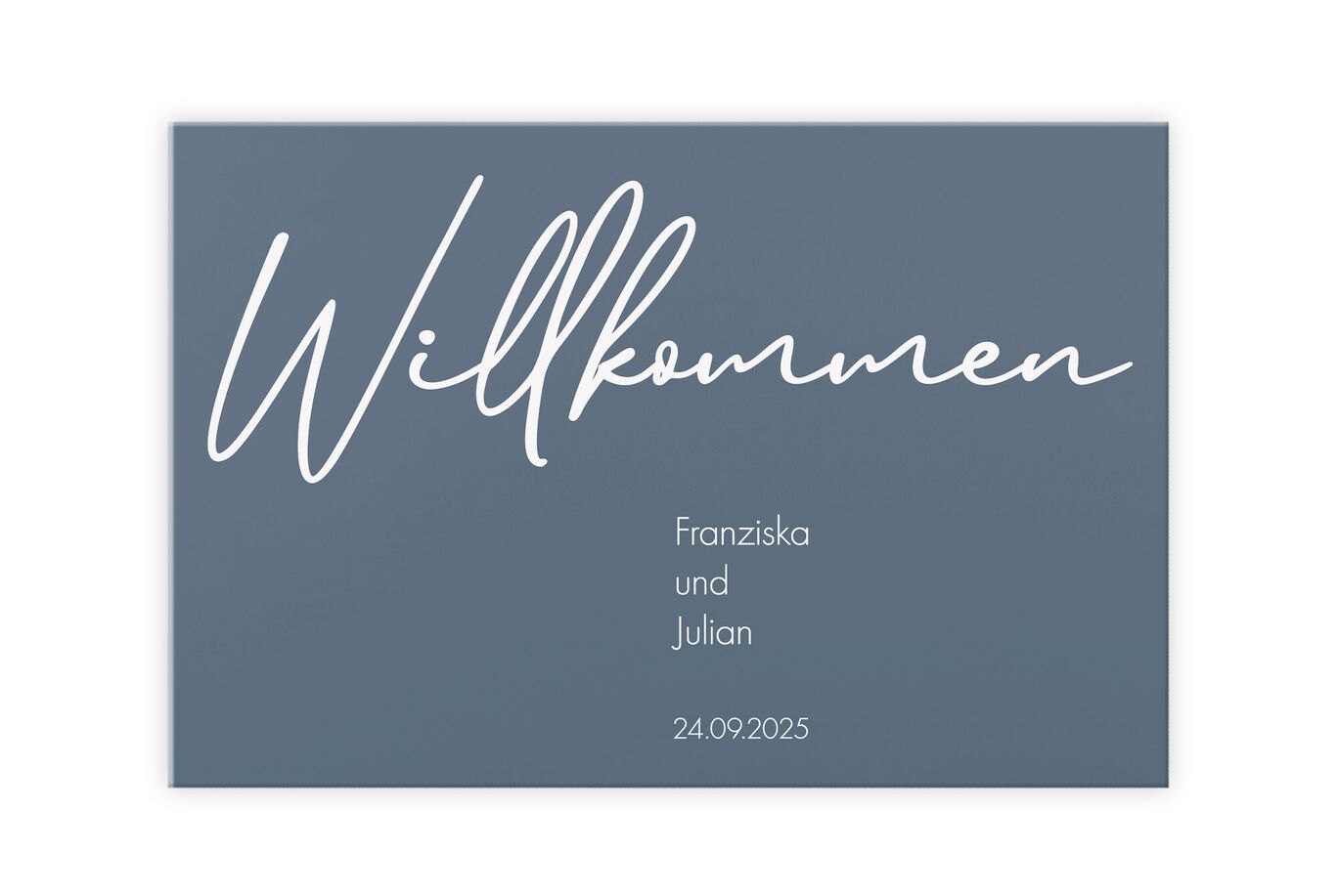 CEWE Grußkarte in Blau mit Willkommens-Schriftzug, Namen Franziska und Julian, Datum 24.09.2025