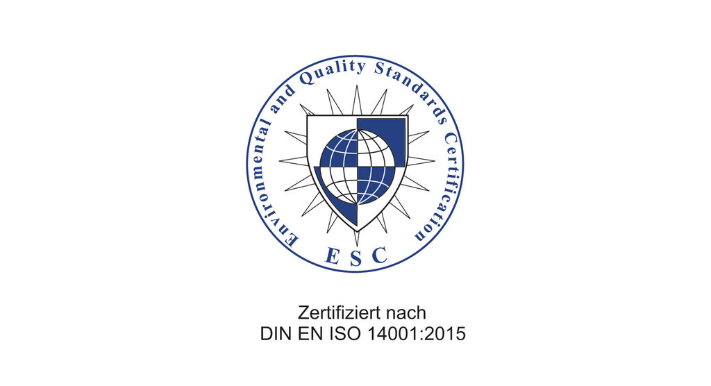 Zertifizierungssiegel für Umwelt- und Qualitätsstandards ESC, DIN EN ISO 14001:2015