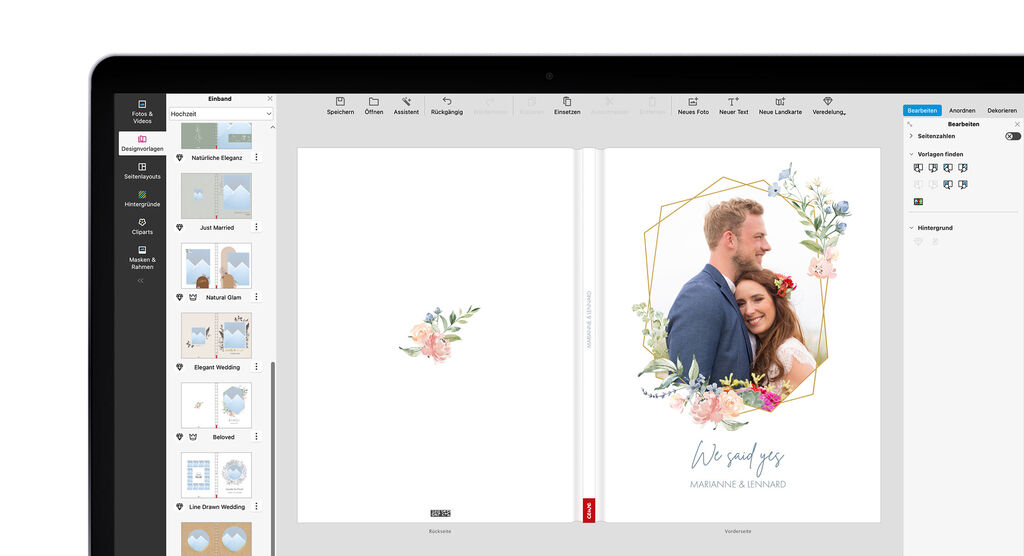 Ein Screenshot des CEWE FOTOBUCH Gestaltungsprogramms mit Designvorlagen und Bildern.