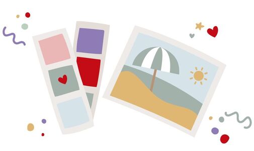  Bunte Farbpalette mit Herzmotiven und ein Bild von einem Strand mit Sonnenschirm 