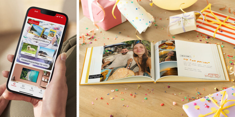 Die Person betrachtet auf ihrem Smartphone die CEWE Fotobuch App.