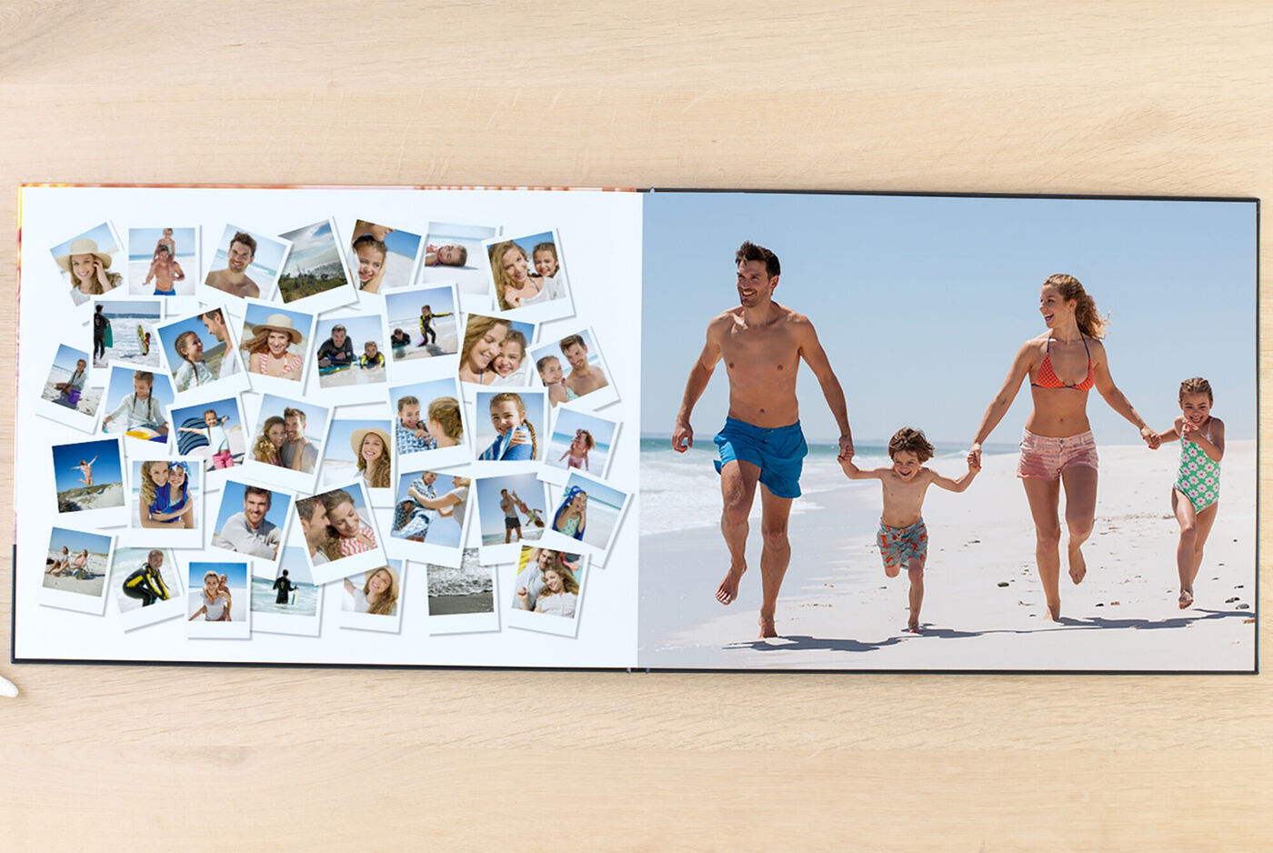 Eine glückliche Familie läuft am Strand entlang, umgeben von Erinnerungsmomenten.