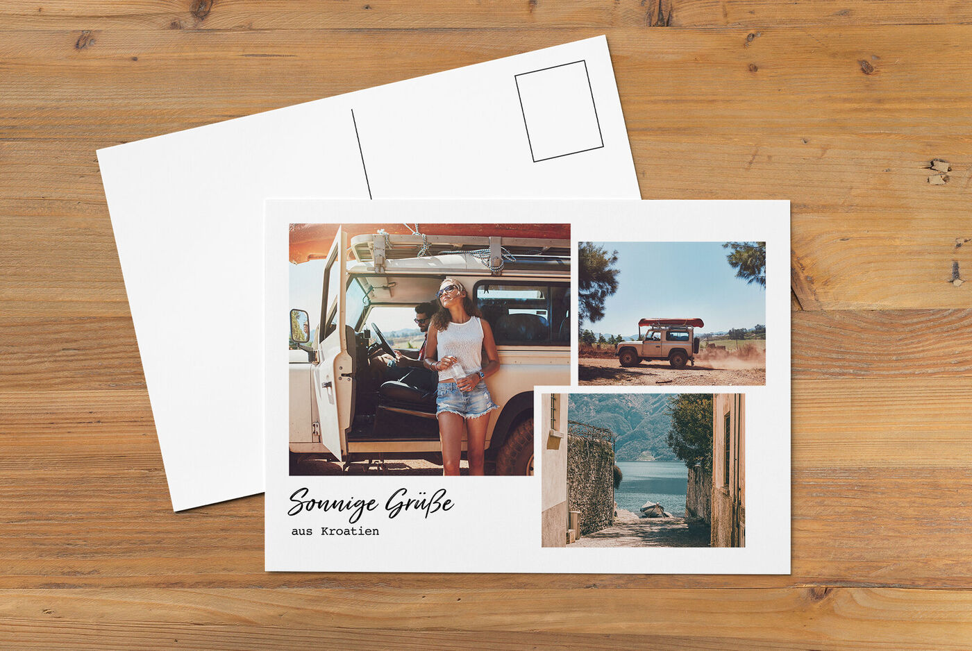 Postkarte mit Urlaubsgrüßen aus Kroatien, Autofahrt und Küstenblick