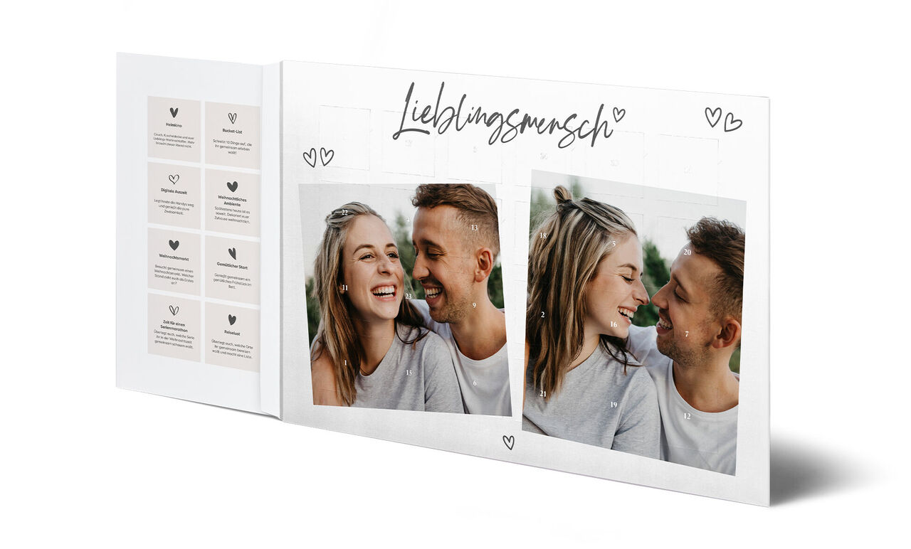 Personalisierter Adventskalender mit dem Schriftzug "Lieblingsmensch", Herzchen und persönlichem Foto.