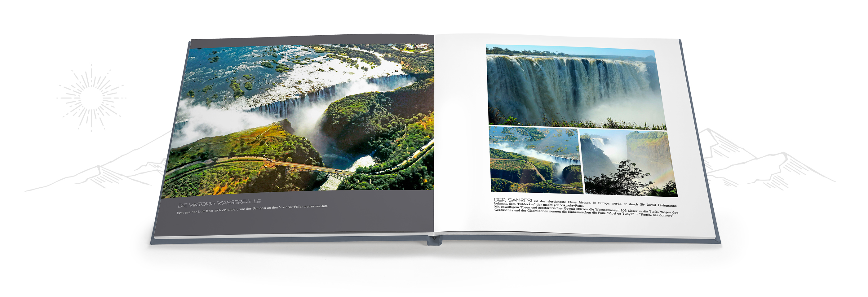 Offenes Fotobuch zeigt atemberaubende Wasserfälle und Landschaften.