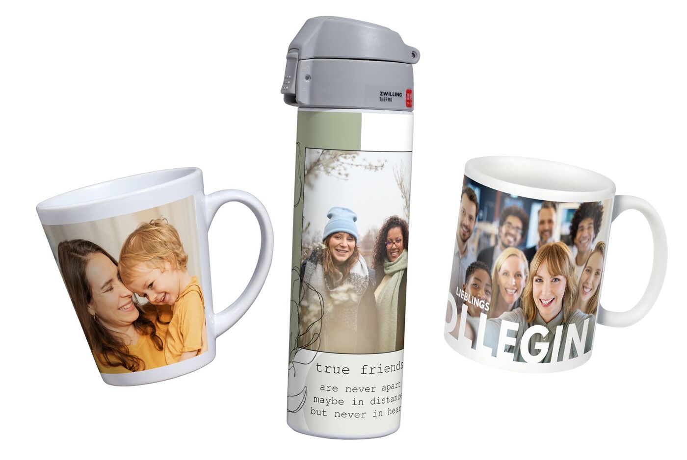 Zwei personalisierte Tassen und eine Flasche, dekoriert mit fröhlichen Erinnerungsfotos