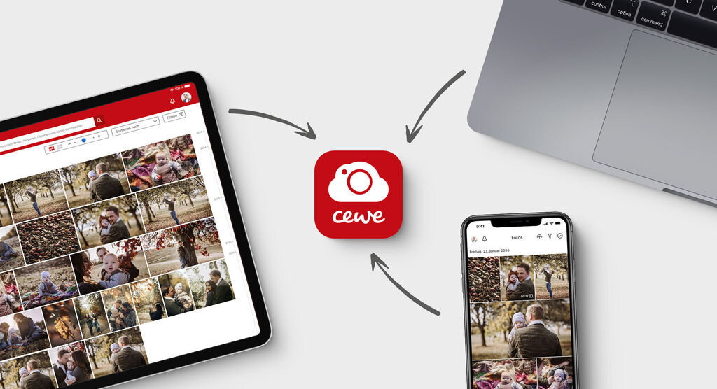 Darstellung der CEWE App auf verschiedenen Geräten: Tablet, Smartphone und Laptop