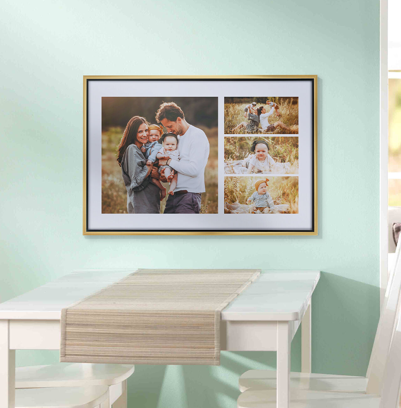 Ein liebevolles Wandbild mit vier Fotos, das besondere Momente eines Paares zeigt.
