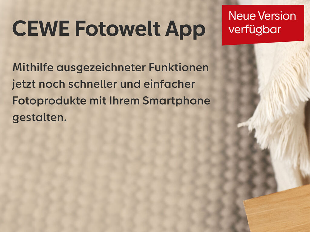 Blick auf die CEWE Fotowelt App mit neuem Design. Die App betont einfache Gestaltung von Fotoprodukten.