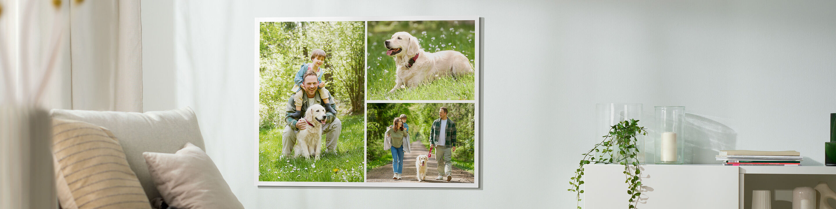 Wundervolles Wandbild mit glücklicher Familie, einem Hund und schönen Naturaufnahmen