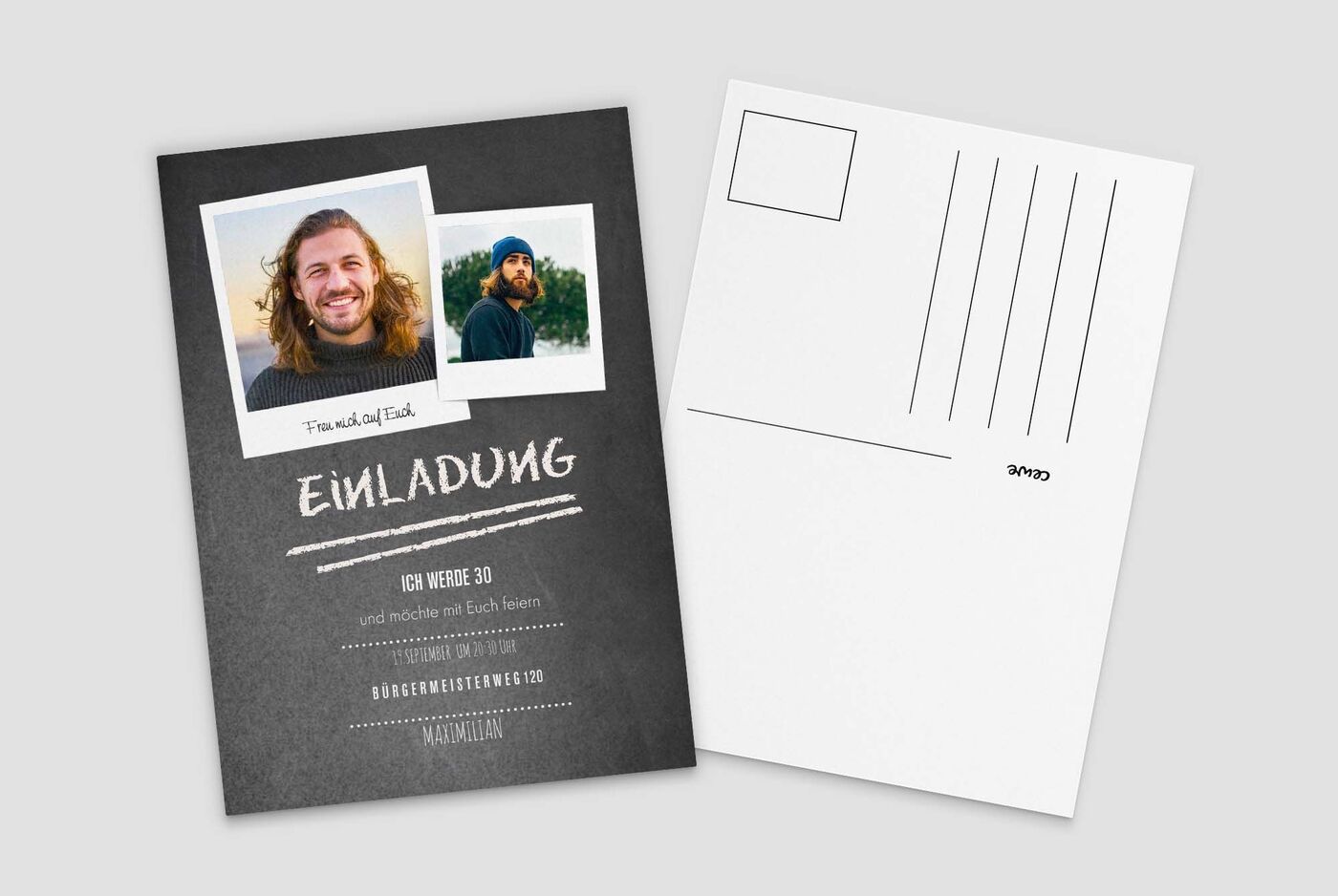 Einladungskarte zu einem Geburtstag mit zwei Fotos und dekorativem Layout