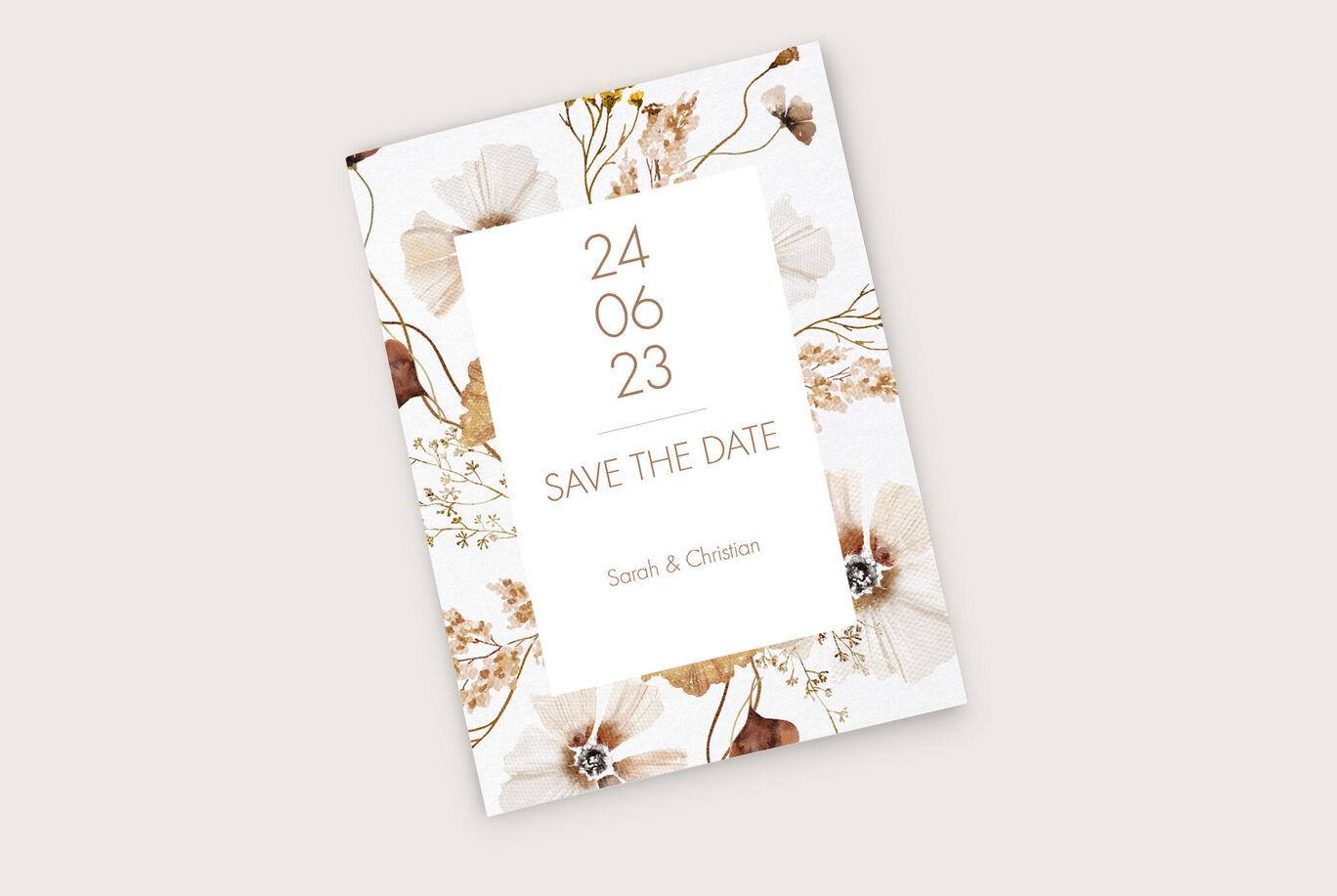 Eine elegante Save-The-Date-Karte mit floralem Design, auf der das Datum 24.06.23 hervorgehoben ist.