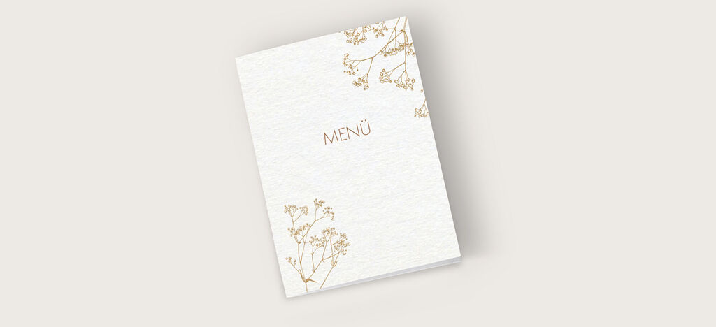 Elegantes Menü mit zarter Blumenillustration in Gold, CEWE Grußkarten.