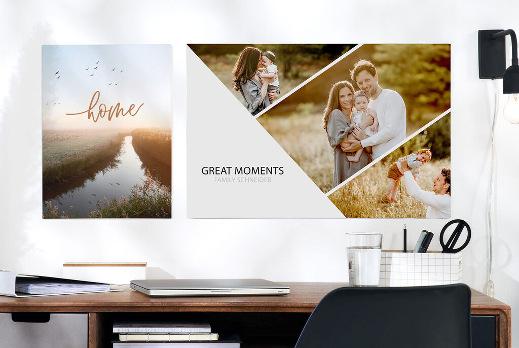 Ein Schreibtisch mit einem hintergrundbeleuchteten Wandbild und einem Bilderrahmen. Auf dem Wandbild steht 'home' mit einer naturnahen Grafik. Das Bild rechts zeigt eine glückliche Familie bei einem tollen Moment im Freien.