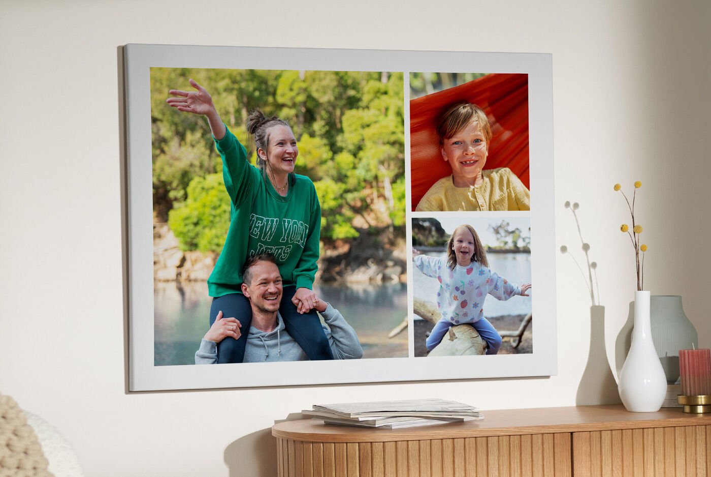 Postercollage, das eine glückliche Familie am Wasser zeigt.