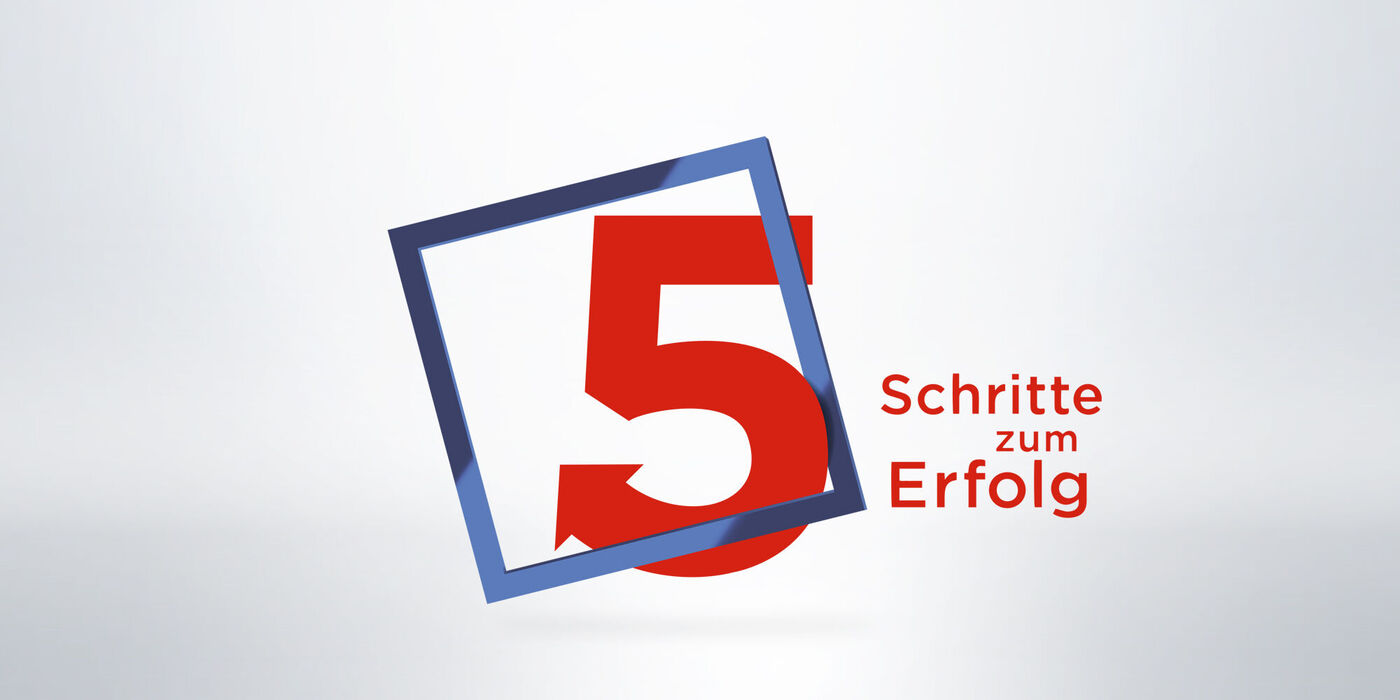 Rote Zahl 5 im grauen Rahmen, daneben steht 'Schritte zum Erfolg' in rot.