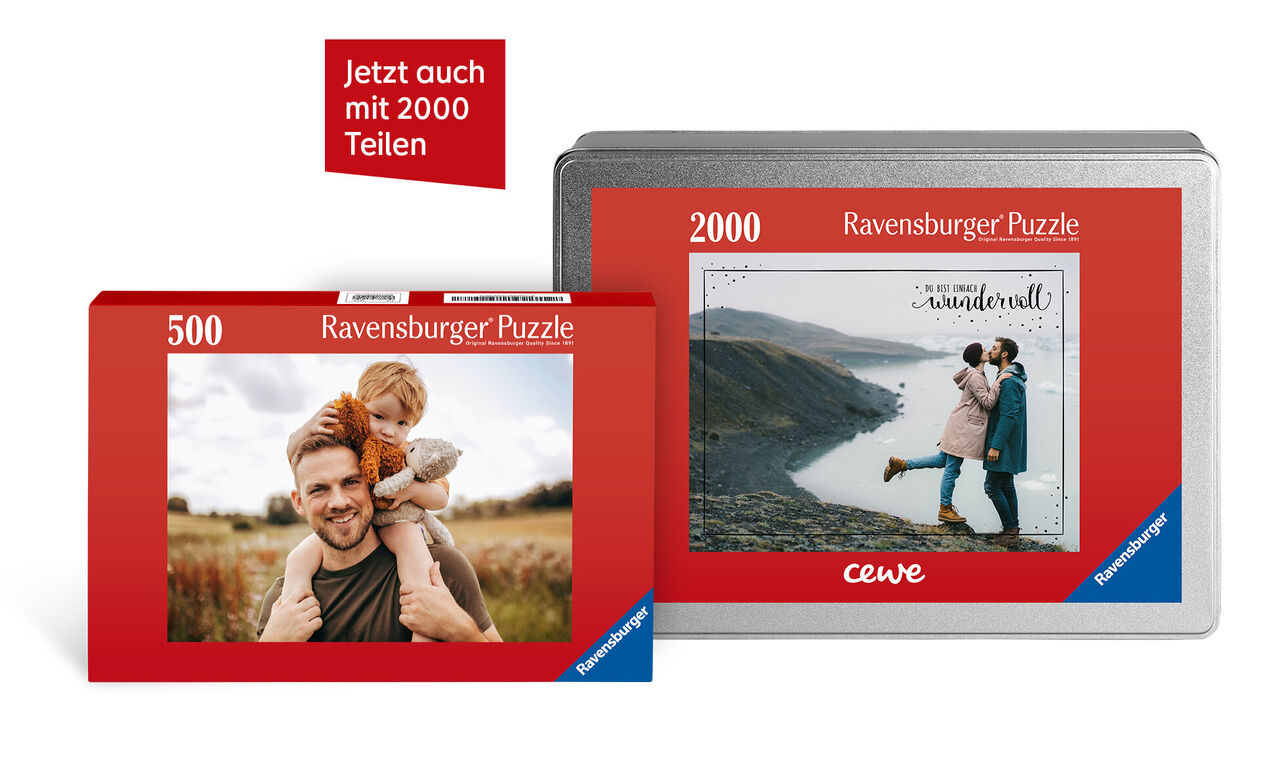 Zwei Ravensburger Puzzles mit einer fröhlichen Familie auf dem Cover und einer Landschaft im Hintergrund